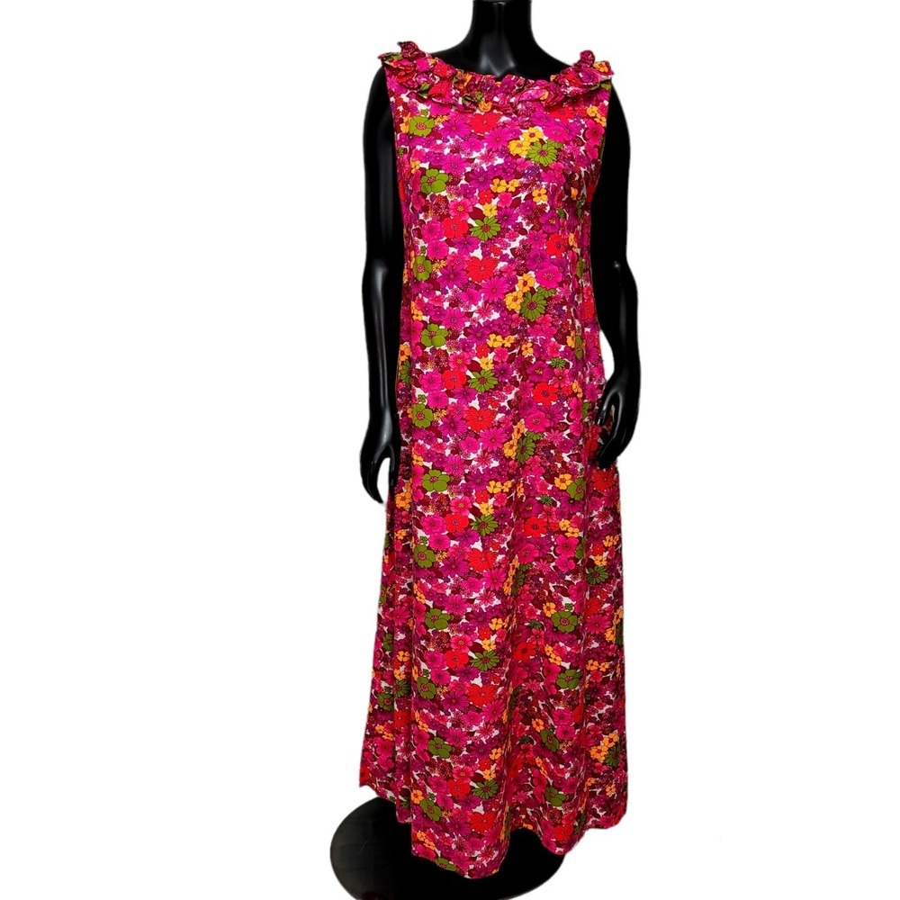 Vintage 60s 70s Royal Hawaiian Maxi Dress Pink Floral Ruffle Collar Tiki Pinup
